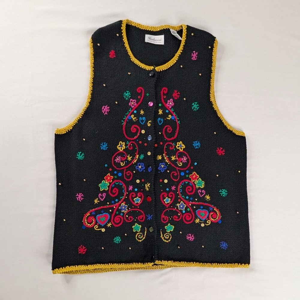 VTG Chunky Knit Black Gold Colorful Embroidered Christmas Tree Sweater Vest Snow